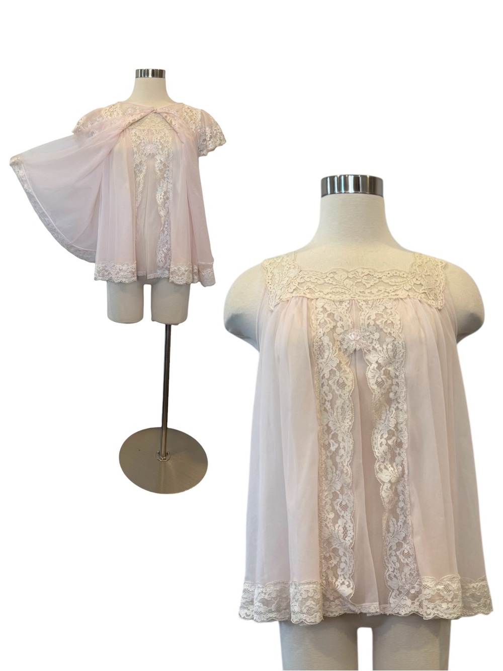 60s Vintage Nylon Chiffon Pink Lace Embroidered Babydoll Slip Robe Peignoir Set